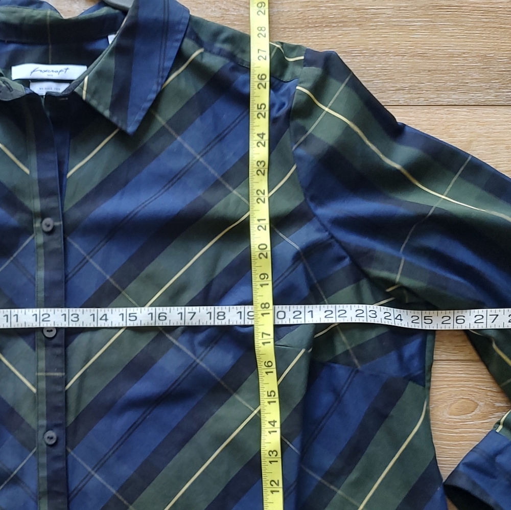 Foxcroft Tina Lenox Tartan Plaid Button Down Shirt Black Blue Green 20W Shaped - Picture 4 of 9